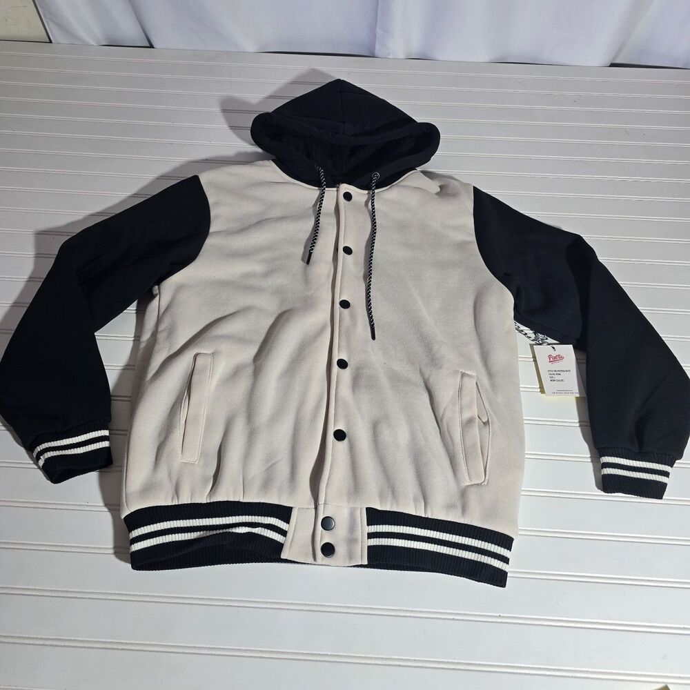 NWT Public Supply CO NYC Sherpa Jacket Men Size Large Cream Black Zip Up Hoodie